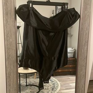 Express black bodysuit off the shoulder (like Sandy’s final outfit in grease)